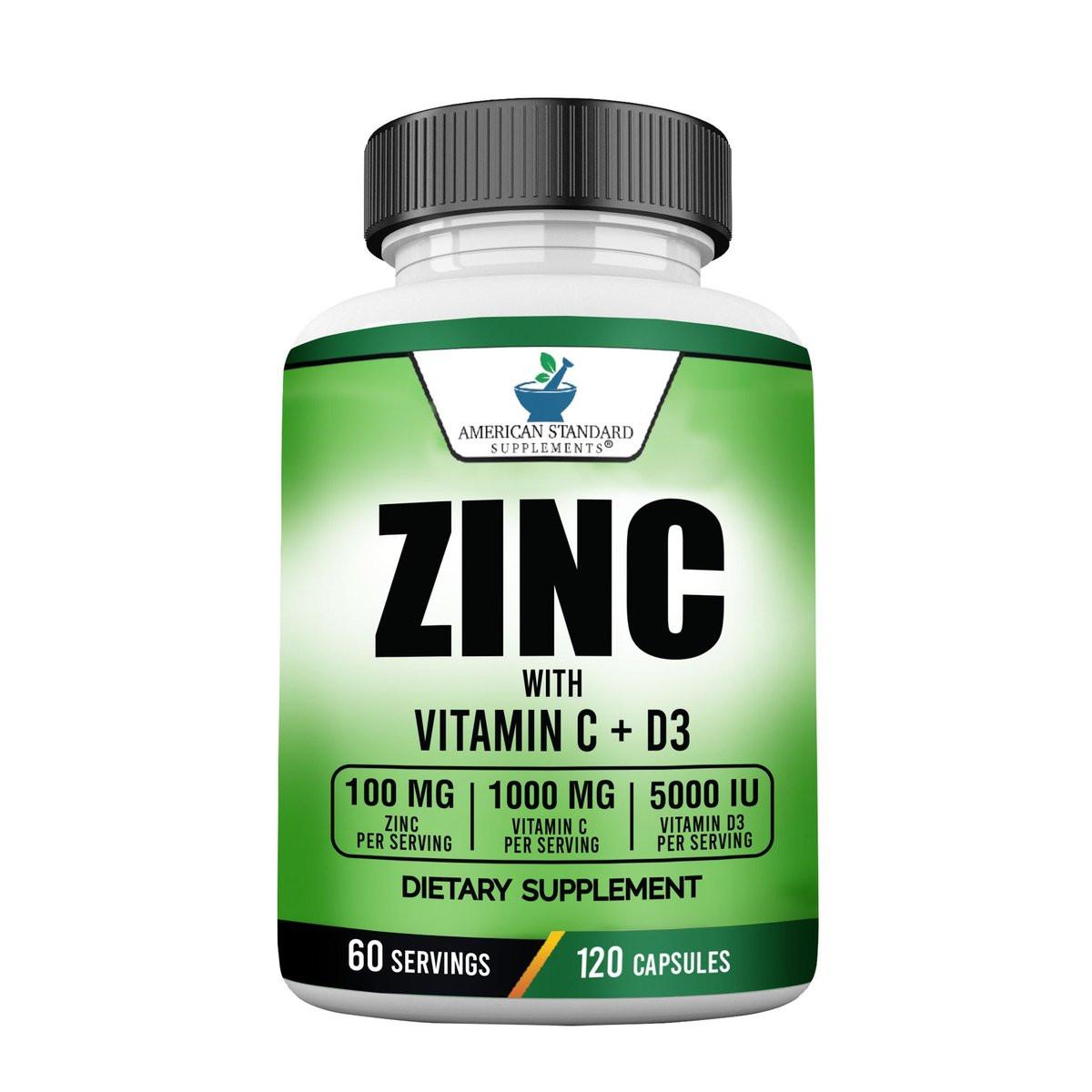 American Standard Supplements Zinc 100mg, Vitamin C 1000mg, and Vitamin D3 5000 IU (125mcg) Per Serving - Gluten Free, Non-GMO, 120 Capsules, 60 Servings - görsel 8