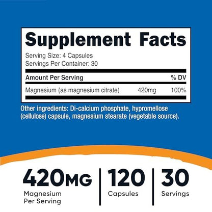 Nutricost Magnesium Citrate 420mg, 120 Veggie Capsules - 30 Servings, Gluten Free, Non-GMO Supplement