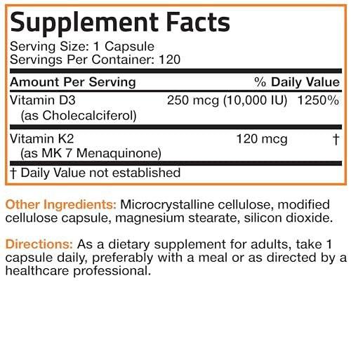 Bronson Vitamin K2 (MK7) with D3 Extra Strength Supplement Bone and Heart Health Non-GMO Formula 10,000 IU Vitamin D3 & 120 mcg Vitamin K2 MK-7 Easy to Swallow Vitamin D & K, 120 Capsules - görsel 3