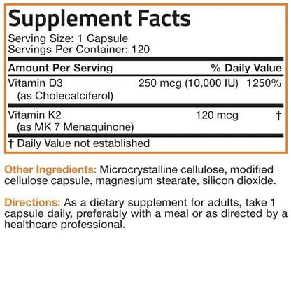Bronson Vitamin K2 (MK7) with D3 Extra Strength Supplement Bone and Heart Health Non-GMO Formula 10,000 IU Vitamin D3 & 120 mcg Vitamin K2 MK-7 Easy to Swallow Vitamin D & K, 120 Capsules