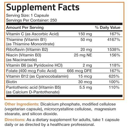 Bronson Vitamin B Complex with Vitamin C - Immune Health, Energy Support & Nervous System Support - Non-GMO, 250 Vegetarian Capsules - görsel 16