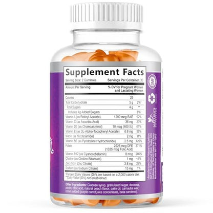 Nature's Nutrition Prenatal Vitamins Gummies with Folic Acid, Vitamin A, C, D3, B12, B6 - Pregnancy Multivitamin for Fetal Support, Pregnant & Nursing Women - 60 Gummies