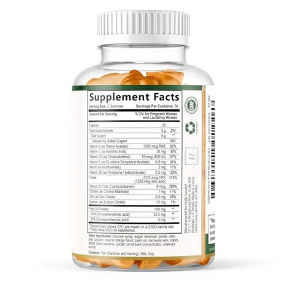 Prenatal Vitamins for Women – Complete Pregnancy Multivitamin - Folic Acid, Omega 3 DHA, Choline, Vitamin D – Essential Support for Mom's & Baby Brain Development - Tasty Orange Flavor - 60 Gummies