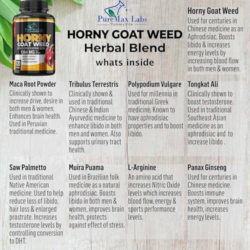 Horny Goat Weed Extra Strength Blend, 120 Capsules, w. Maca, Arginine, Ginseng, Tribulus, Tongkat, Libido, Stamina, Energy Support, Non-GMO Formula, 120 Caps - görsel 3