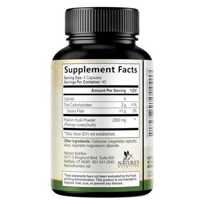 Psyllium Husk Powder 2000mg Per Serving Supplement - Extra Strength Psyllium Fiber Powder - Natural Soluble Fiber Pills, Supports Digestion, Colon Health & Regularity, Bottled in USA - 180 Capsules