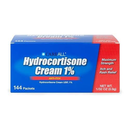 CareAll Hydrocortisone Cream 1% (144 Pack), 0.9gr Foil Packet. Maximum Strength Formulation, Anti-Itch Rash Skin Cream Relieves Itching, Eczema, Insect Bites, Poison Ivy, and Psoriasis