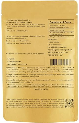 CARMEL ORGANICS Mucuna Pruriens Natural (White) Seeds Powder 8 Ounce or 0.5 Lb/227 Grams | Non GMO | Kosher | Kapikachhu Powder | No Added Preservative - görsel 4