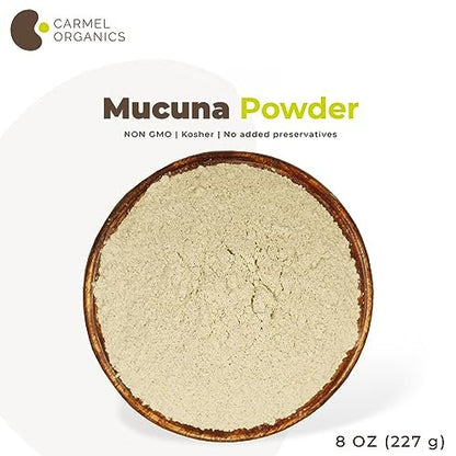 CARMEL ORGANICS Mucuna Pruriens Natural (White) Seeds Powder 8 Ounce or 0.5 Lb/227 Grams | Non GMO | Kosher | Kapikachhu Powder | No Added Preservative