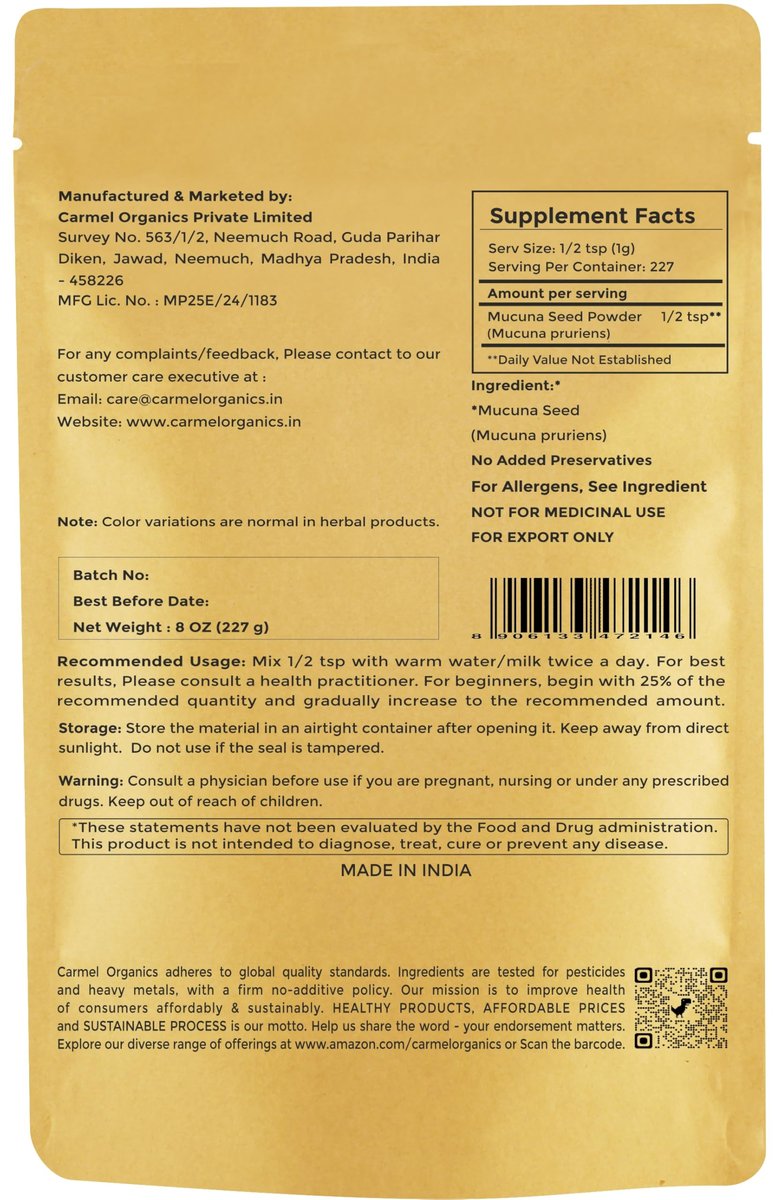 CARMEL ORGANICS Mucuna Pruriens Natural (White) Seeds Powder 8 Ounce or 0.5 Lb/227 Grams | Non GMO | Kosher | Kapikachhu Powder | No Added Preservative - görsel 3