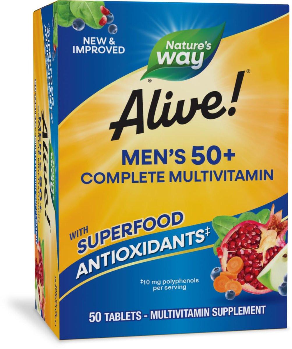 Nature's Way Alive! Men's 50+ Multivitamin Complete Tablets, Daily Multivitamin for Men Over 50, Supports Cellular Energy Metabolism, Heart, Muscle & Eye Health*, High Potency Vitamins, 50 Tablets - görsel 1