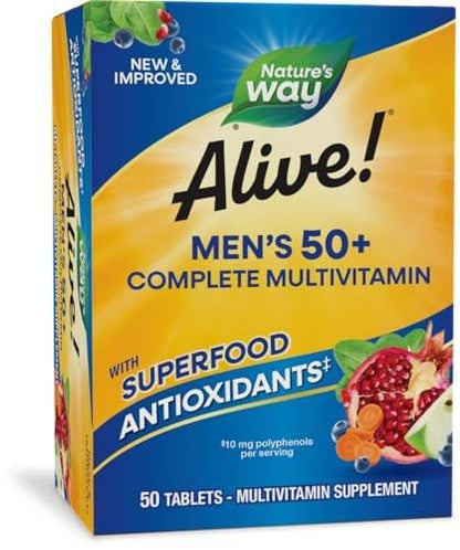 Nature's Way Alive! Men's 50+ Multivitamin Complete Tablets, Daily Multivitamin for Men Over 50, Supports Cellular Energy Metabolism, Heart, Muscle & Eye Health*, High Potency Vitamins, 50 Tablets