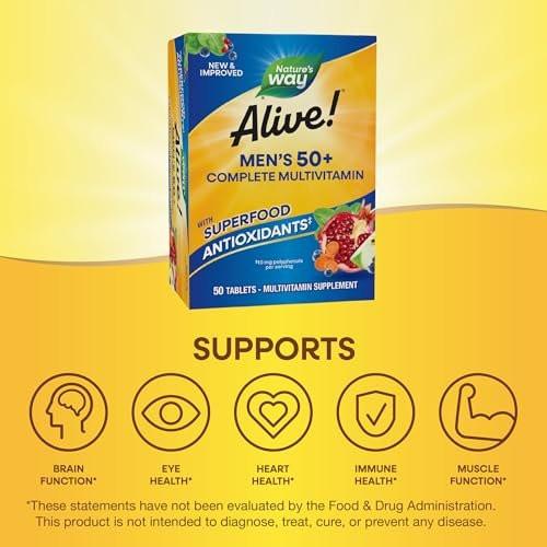 Nature's Way Alive! Men's 50+ Multivitamin Complete Tablets, Daily Multivitamin for Men Over 50, Supports Cellular Energy Metabolism, Heart, Muscle & Eye Health*, High Potency Vitamins, 50 Tablets - görsel 8