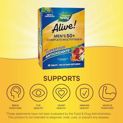 Nature's Way Alive! Men's 50+ Multivitamin Complete Tablets, Daily Multivitamin for Men Over 50, Supports Cellular Energy Metabolism, Heart, Muscle & Eye Health*, High Potency Vitamins, 50 Tablets