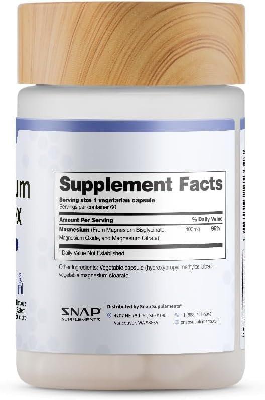 Snap Triple Magnesium Complex for Women & Men for Sleep & Muscle Support – 400mg, 3-in-1 Magnesium Supplement – Bisglycinate, Citrate & Oxide – Chelated for High-Absorption, 60 Vegetarian Capsules - görsel 8
