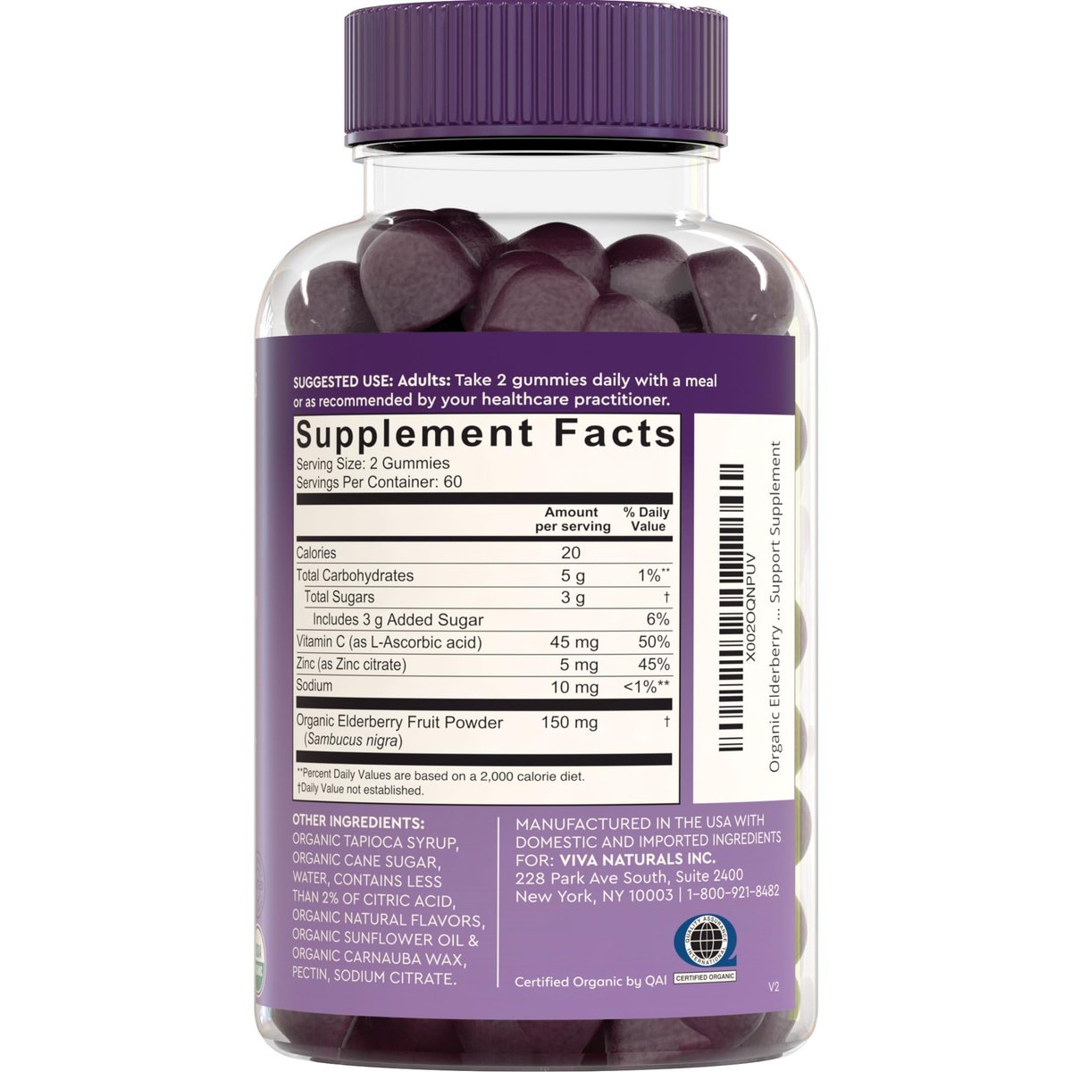 Elderberry Vitamin C and Zinc Immune Support Gummies - 150mg Black Elderberry Per Serving, USDA Organic, Non-GMO, Raspberry Rush Flavor, 120 Count - görsel 15
