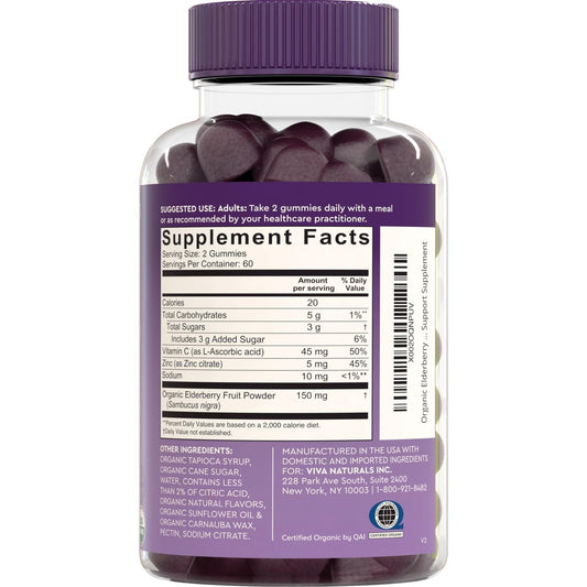 Elderberry Vitamin C and Zinc Immune Support Gummies - 150mg Black Elderberry Per Serving, USDA Organic, Non-GMO, Raspberry Rush Flavor, 120 Count