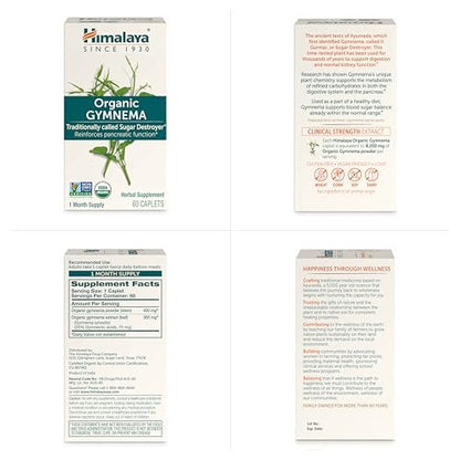 Himalaya Organic Gymnema Sylvestre – Herbal Glucose Metabolism Support - USDA Organic, Non-GMO, Vegan, Gluten Free, Additive Free, 700 mg, 30 Caplets (Pack of 2)