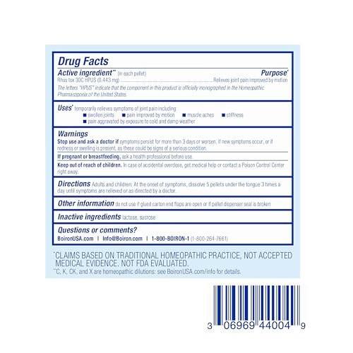 Boiron Rhus Tox 30C Homeopathic Medicine for Relief from Joint Pain, Muscle Aches, Swollen or Stiff Joints, and Weather Related Aches - 3 Count (240 Pellets)