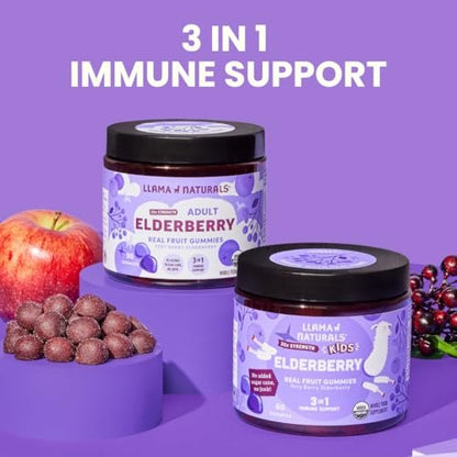 Llama Naturals Elderberry Gummies for Adults, Vegan, Organic Immune Support Supplement with Vitamin C and Zinc, Real Fruit Gummy Vitamins for Immunity, Chewable, No Added Sugar Cane, 90 Count