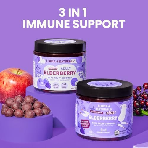 Llama Naturals Elderberry Gummies for Kids, Vegan, Organic Immune Support Supplement with Vitamin C and Zinc, Toddler Real Fruit Gummy Vitamins for Immunity, Chewable, No Added Sugar Cane, 60 Ct - görsel 1