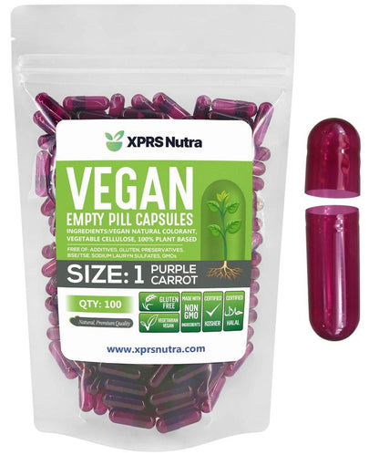 XPRS Nutra Size 1 Empty Capsules - 100 Count Empty Vegan Capsules - Vegetarian Pills - DIY Vegetable Capsule Filling - Veggie Pill Caps for Do-It-Yourself Supplements (Purple Carrot)