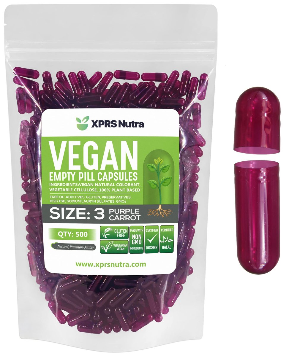 XPRS Nutra Size 3 Empty Capsules - 500 Count Empty Vegan - Vegetarian Empty Pill Capsules - DIY Vegetable Capsule Filling - Veggie Pill Caps (Purple Carrot) - görsel 1