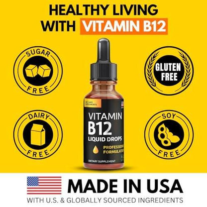 Vitamin B12 Liquid Drops - Vegan B12 vitamins 5000 mcg Methylcobalamin Fast-Acting Sublingual B Complex Liquid Vitamin B2, B3, B6 - Non-GMO, No Dairy, Soy & Sugar, Raspberry Flavor, 2 fl. oz.