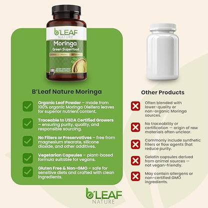 B'Leaf Nature Moringa Capsules Organic 1000mg — Pure Moringa Oleifera Leaf Powder Capsules for Energy & Immune Support | Non-GMO Gluten Free Vegan Superfood | 180 Veggie Capsules