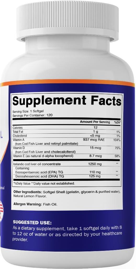 Vitamatic Icelandic Cod Liver Oil Capsules 1250mg 120 Softgels (Lemon Flavor) - Promotes Cardiovascular Health - görsel 6