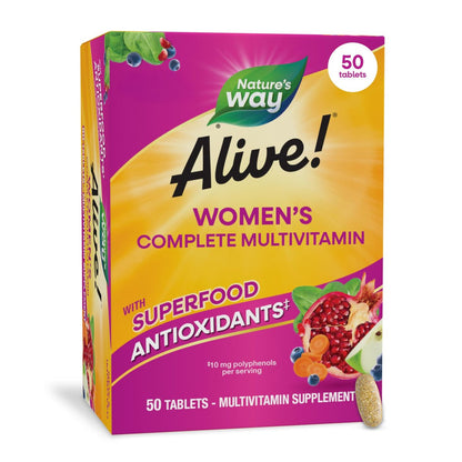 Nature's Way Alive! Complete Multivitamin for Women, Daily Women’s Vitamin Supports Cellular Energy Metabolism, Hair, Skin & Nails*, B-Vitamins, with Superfood Antioxidants, 50 Tablets
