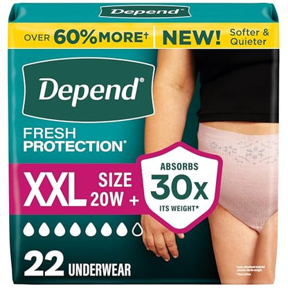 Depend Fresh Protection Adult Diapers, Incontinence Underwear for Women, Disposable, Maximum, XXL, Blush, 22 Count