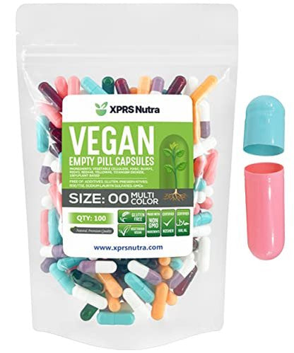 XPRS Nutra Size 00 Empty Capsules - 100 Count Empty Vegan Capsules - Vegetarian Empty Pills - DIY Vegetable Capsule Filling- Veggie Pill Caps (Multi-Color)