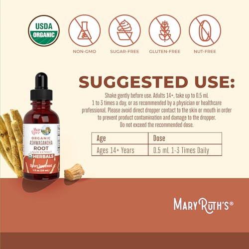 MaryRuth Organics Ashwagandha Root | USDA Organic Ashwagandha Liquid Drops | Stress Relief, Natural Calm, Relaxation and Mood Support Supplement | Adaptogenic | Nervine | Vegan | Non-GMO | 60 Servings - görsel 6