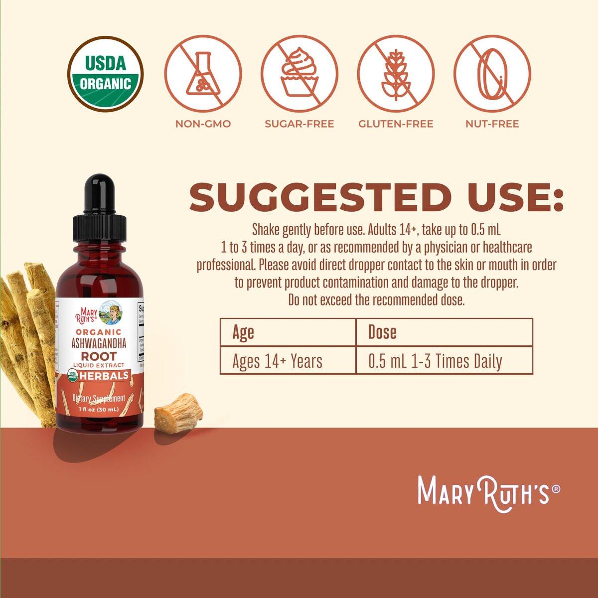 MaryRuth Organics Ashwagandha Root | USDA Organic Ashwagandha Liquid Drops | Stress Relief, Natural Calm, Relaxation and Mood Support Supplement | Adaptogenic | Nervine | Vegan | Non-GMO | 60 Servings - görsel 5