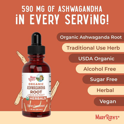 MaryRuth Organics Ashwagandha Root | USDA Organic Ashwagandha Liquid Drops | Stress Relief, Natural Calm, Relaxation and Mood Support Supplement | Adaptogenic | Nervine | Vegan | Non-GMO | 60 Servings