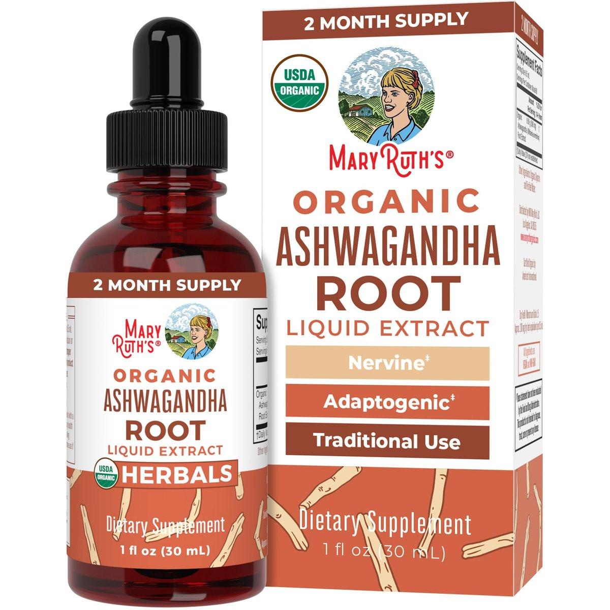 MaryRuth Organics Ashwagandha Root | USDA Organic Ashwagandha Liquid Drops | Stress Relief, Natural Calm, Relaxation and Mood Support Supplement | Adaptogenic | Nervine | Vegan | Non-GMO | 60 Servings - görsel 1