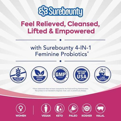 Surebounty Probiotics for Women, 120 Billion CFU 34 Strains, Prebiotics, Digestive Enzymes, Cranberry, 4-in-1 Feminine Probiotic, Digestive, Vaginal, Immune Support, 30ct