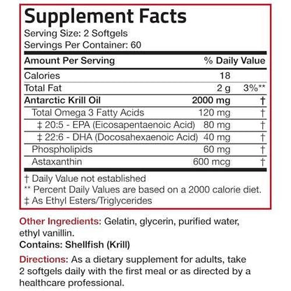 Bronson Antarctic Krill Oil 2000mg with Omega-3s EPA, DHA, Astaxanthin and Phospholipids 120 Softgels