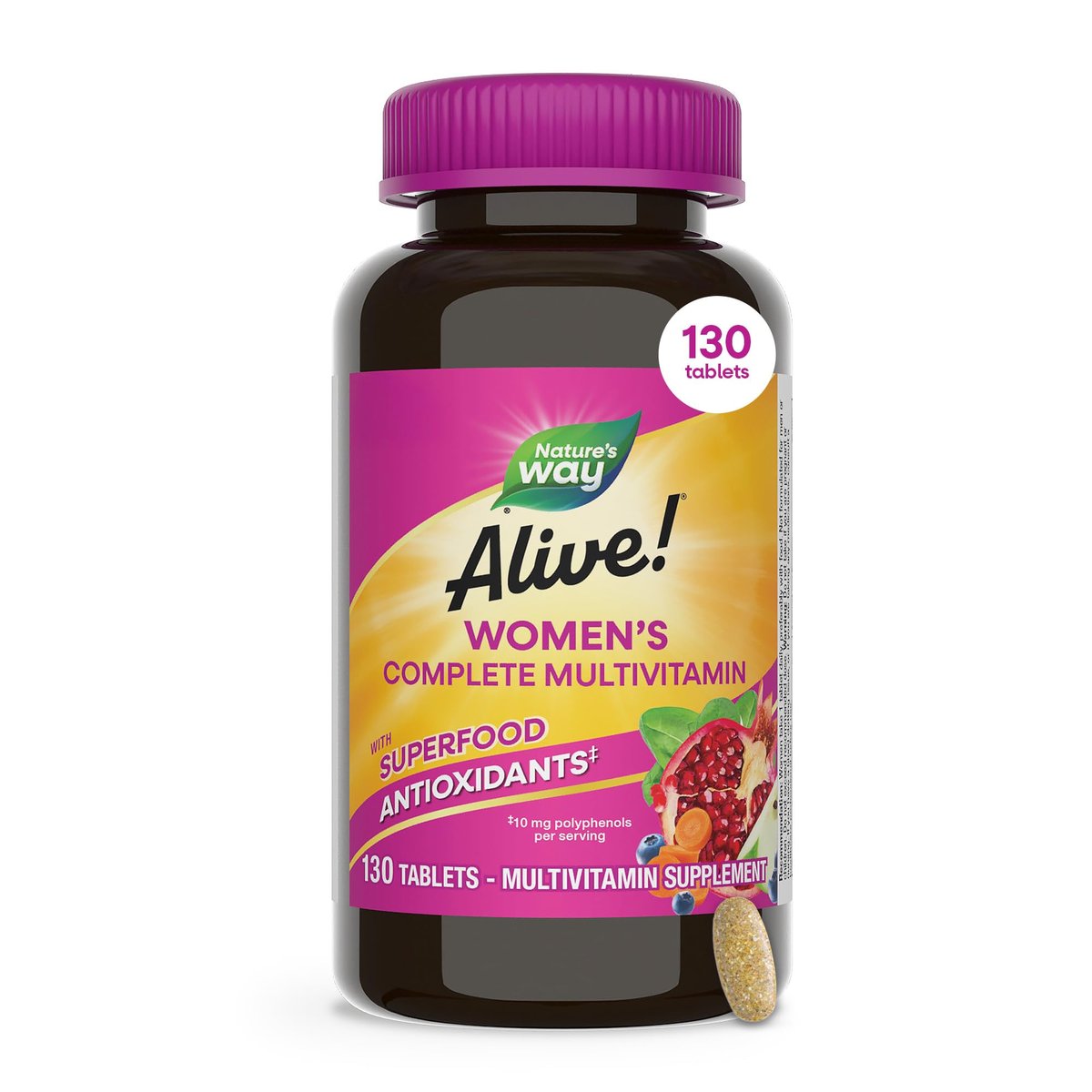 Nature's Way Alive! Complete Multivitamin for Women, Daily Women’s Vitamin Supports Cellular Energy Metabolism, Hair, Skin & Nails*, B-Vitamins, with Superfood Antioxidants, 130 Tablets - görsel 1