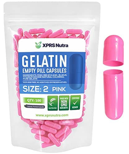 XPRS Nutra Size 2 Empty Capsules - 100 Count Empty Gelatin Capsules - Pills DIY Capsule Filling - Pure Bovine Pill Gel Caps for Do-It-Yourself Supplements (Pink)