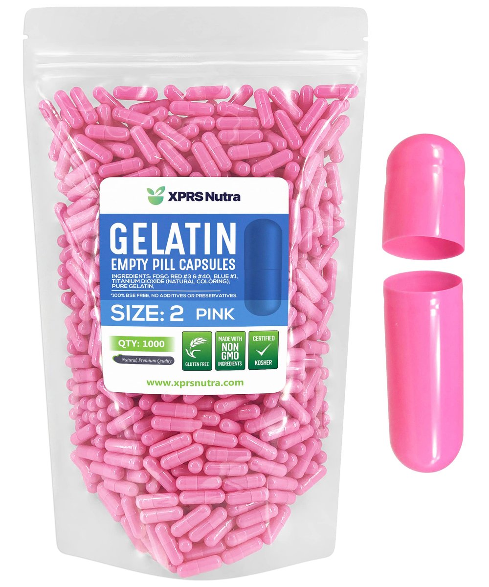 XPRS Nutra Size 2 Empty Capsules - 500 Count Empty Gelatin Capsules - Pills DIY Capsule Filling - Pure Bovine Pill Gel Caps for Do-It-Yourself Supplements (Pink) - görsel 1