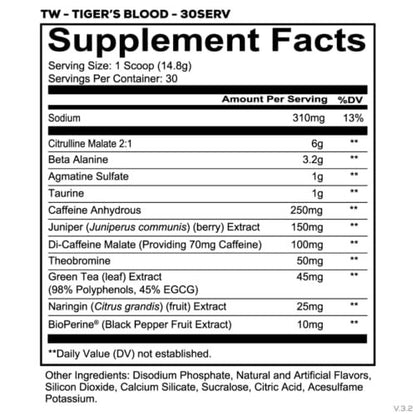 REDCON1 Total War Pre Workout, Tiger's Blood - L Citrulline, Malic Acid, Green Tea Leaf Extract for Pump Boosting Pre Workout for Women & Men - 3.2g Beta Alanine to Reduce Exhaustion (30 Servings)