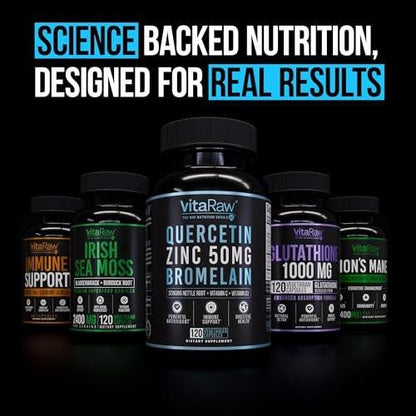 VitaRaw Quercetin with Bromelain 500mg Capsules, Supports Immune Response, Joint Comfort, & Overall Wellness - Vitamin C, Zinc 50mg, & Vitamin D3 5000 IU - Immunity Health Pills