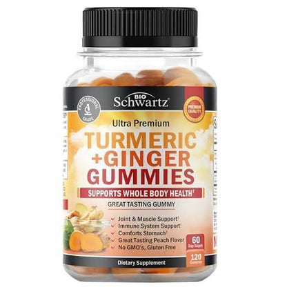 Turmeric Curcumin with Ginger Gummies - Natural Extra Strength Joint Support Supplement, Delicious Peach Flavor Ultra High Absorption Turmeric Supplement Non-GMO, Gluten Free 120 Count