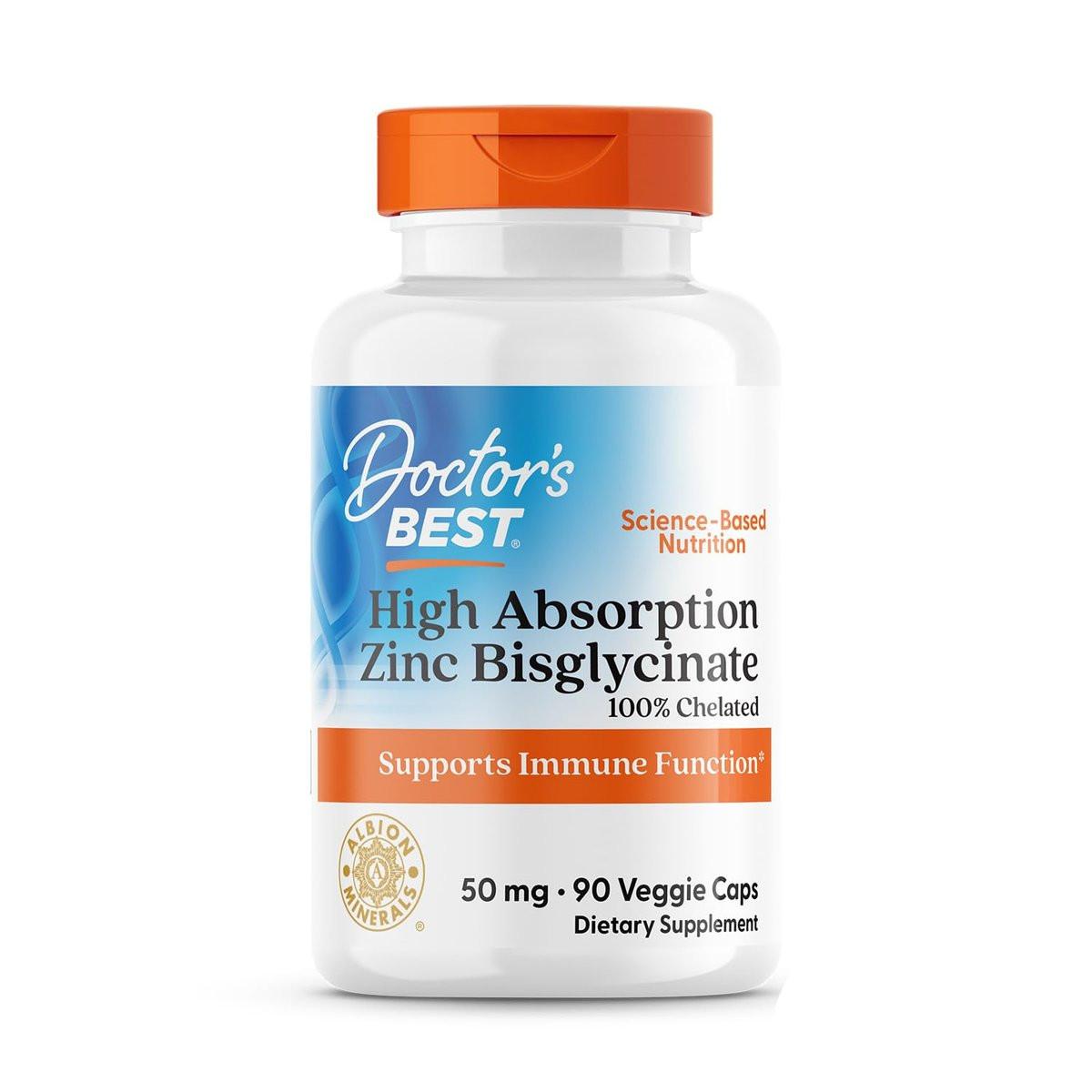 Doctor's Best High Absorption Zinc Bisglycinate 50mg High Potency Supporting Enhancing Immune System Antioxidant VC, 90 Count - görsel 1