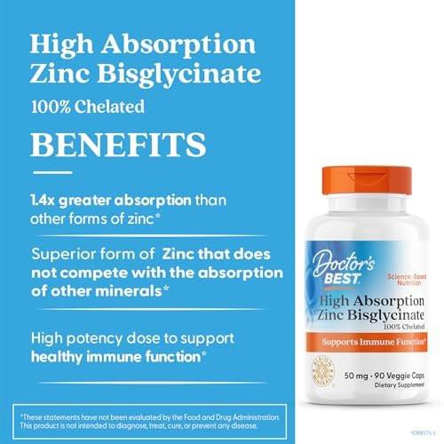 Doctor's Best High Absorption Zinc Bisglycinate 50mg High Potency Supporting Enhancing Immune System Antioxidant VC, 90 Count - görsel 4
