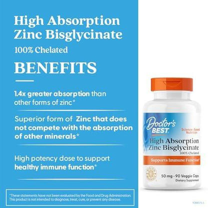 Doctor's Best High Absorption Zinc Bisglycinate 50mg High Potency Supporting Enhancing Immune System Antioxidant VC, 90 Count