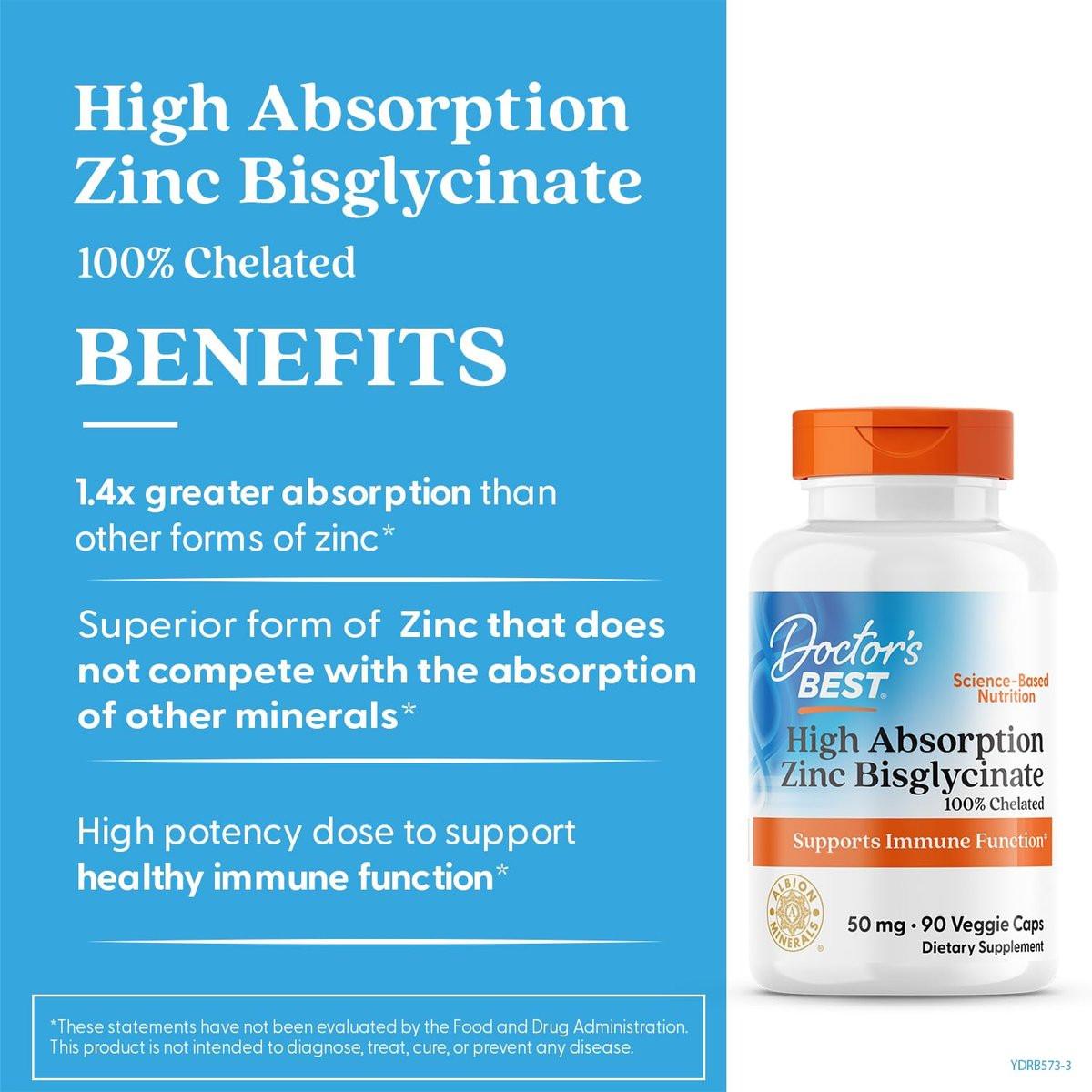 Doctor's Best High Absorption Zinc Bisglycinate 50mg High Potency Supporting Enhancing Immune System Antioxidant VC, 90 Count - görsel 3