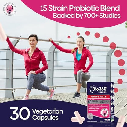 Bio360 Probiotics for Women Vaginal Health - Supports pH Balance, Vaginal, Urinary, & Digestive Health - 50 Billion CFU & 15 Unique Strains for Healthy Vaginal Odor & Vaginal Flora - Shelf Stable