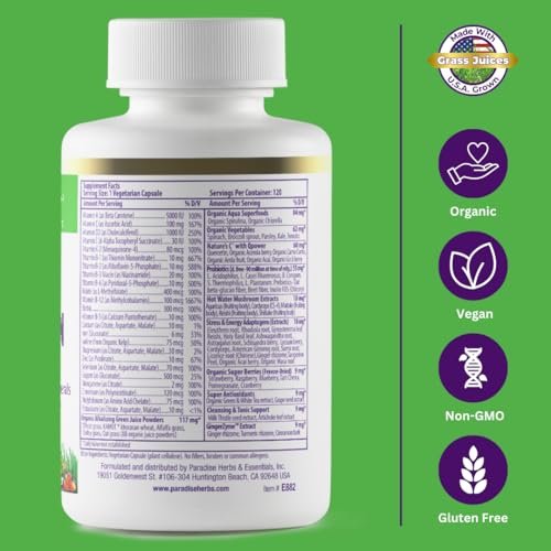 Paradise Herbs Earth's Blend Once Daily Multivitamin with Iron, 48 Organic Superfoods, Probiotics, Antioxidants, Vitamins A, B12, C, D, K2, 120 Capsules - görsel 10